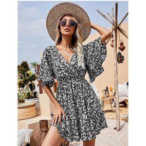 👗 2/$30 New Black & White Floral Plunging Neck with Tie Back Summer Dress sz M